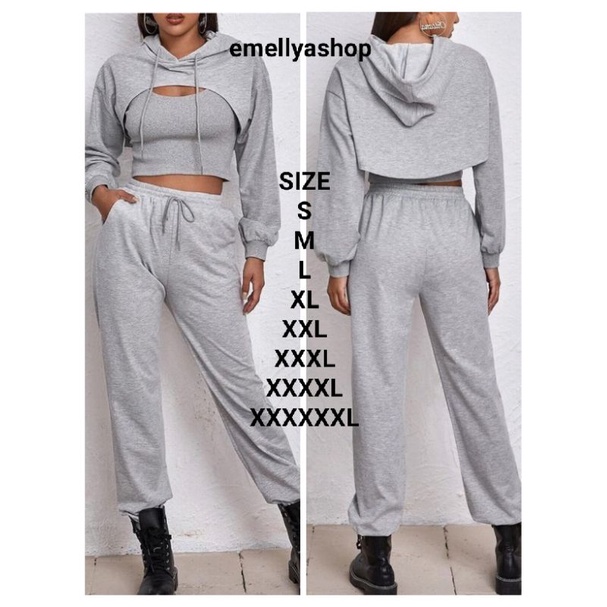 SET HOODIE CROP DADA TERBUKA+JOGGERPANT TALI SERUT TANPA INER