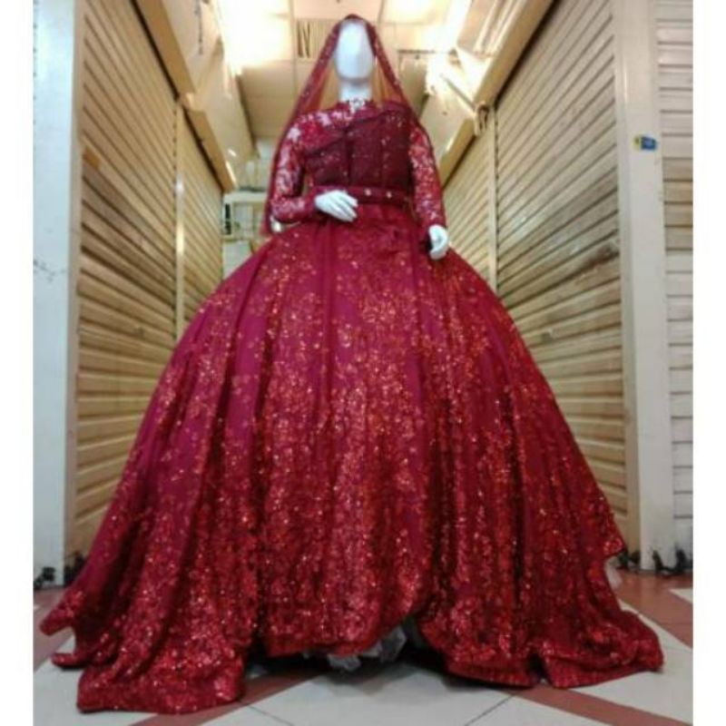 gaun pengantin preloved gown ballgown resepsi wedding akad maroon merah preloved second bekas payet