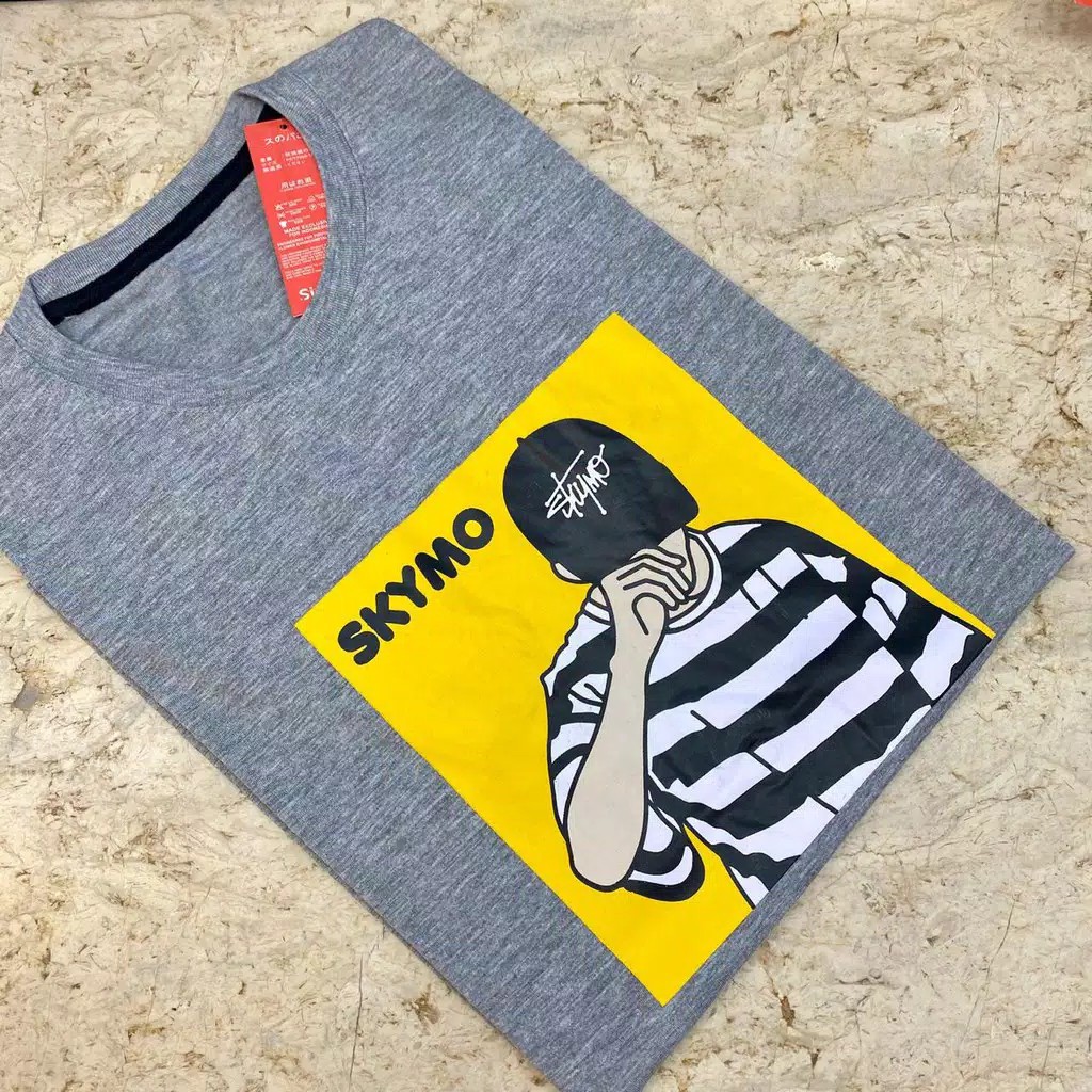 Kaos Pria Atasan Distro T-Shirt Kaos Skymo Garis Abu-Abu