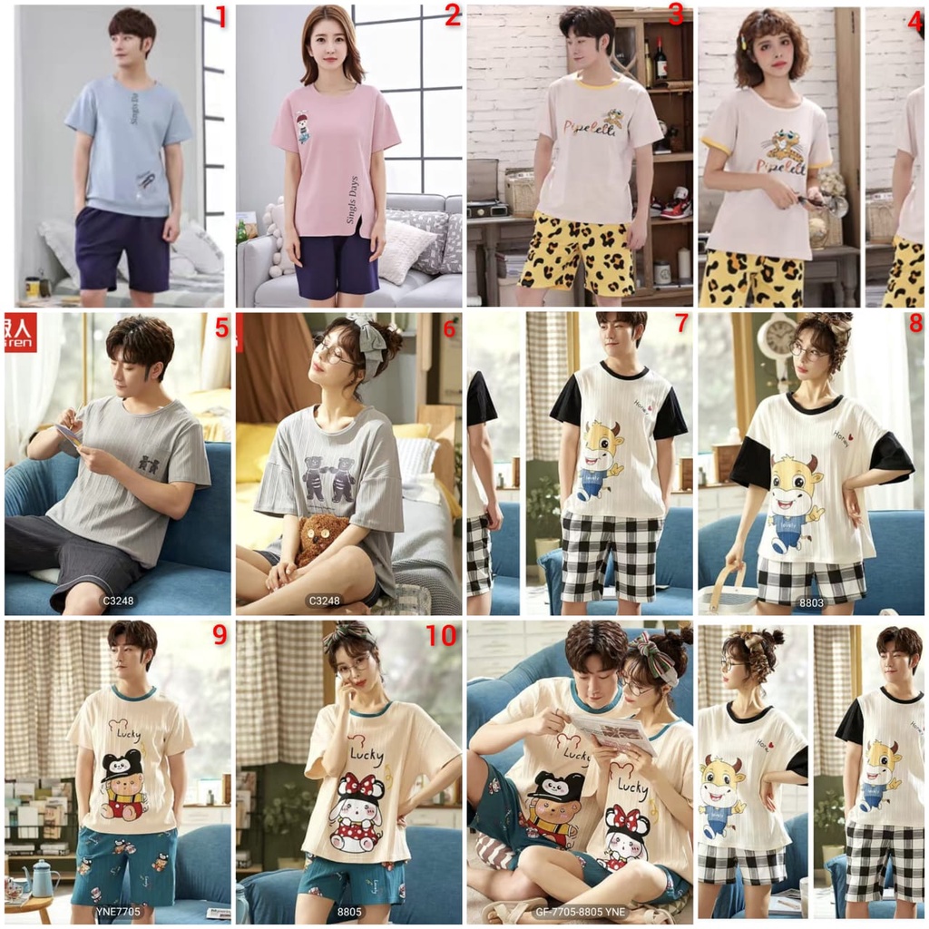 Baju tidur piyama lengan pendek celana pendek bahan kaos import HPcouple