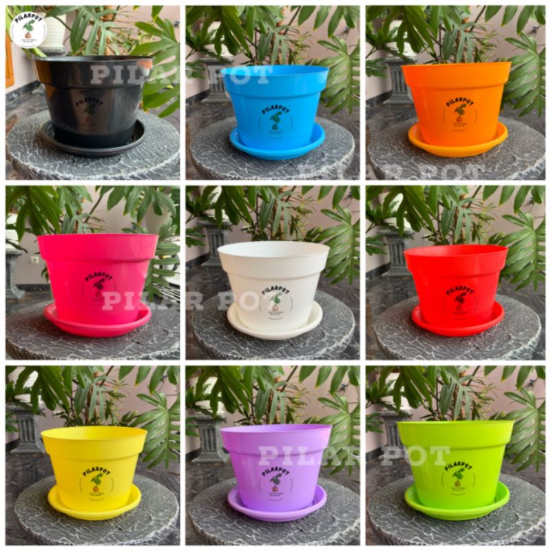 Pot bunga tanaman warna warni 20 polos + tatakan bawah