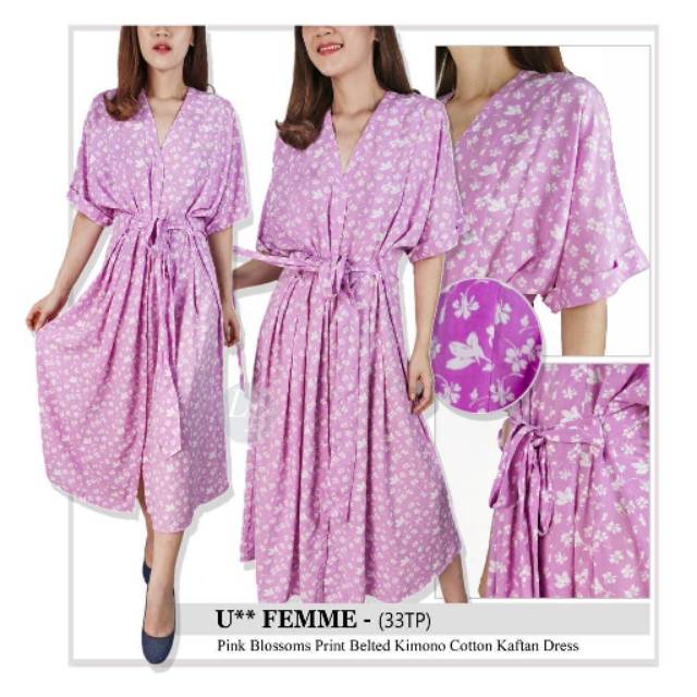 Unpeu femme pink blossoms print belted kimoni cotton kaftan dress