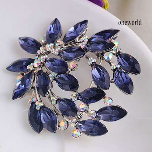 OW@ Women Sapphire Blue Flower Brooch Pin Zircon Glass Alloy Wedding Party Jewelry