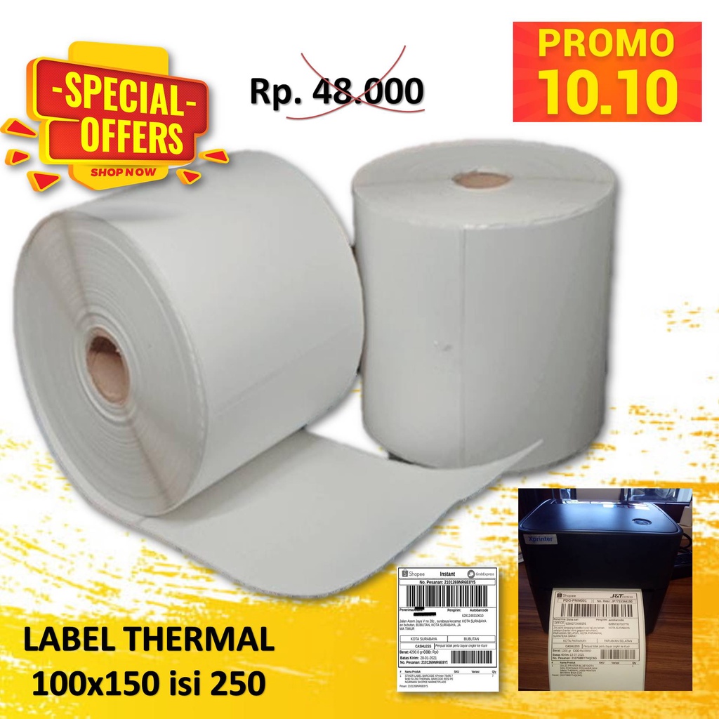 Stiker Label Resi Thermal 100X150 isi 250 PCS Label Barcode Printer Direct Thermal 1Line 100mm / 80mm Label A6 GAP Marketplace Toko Online Shop Kertas Sticker Pengiriman Nota Invoice Olshop