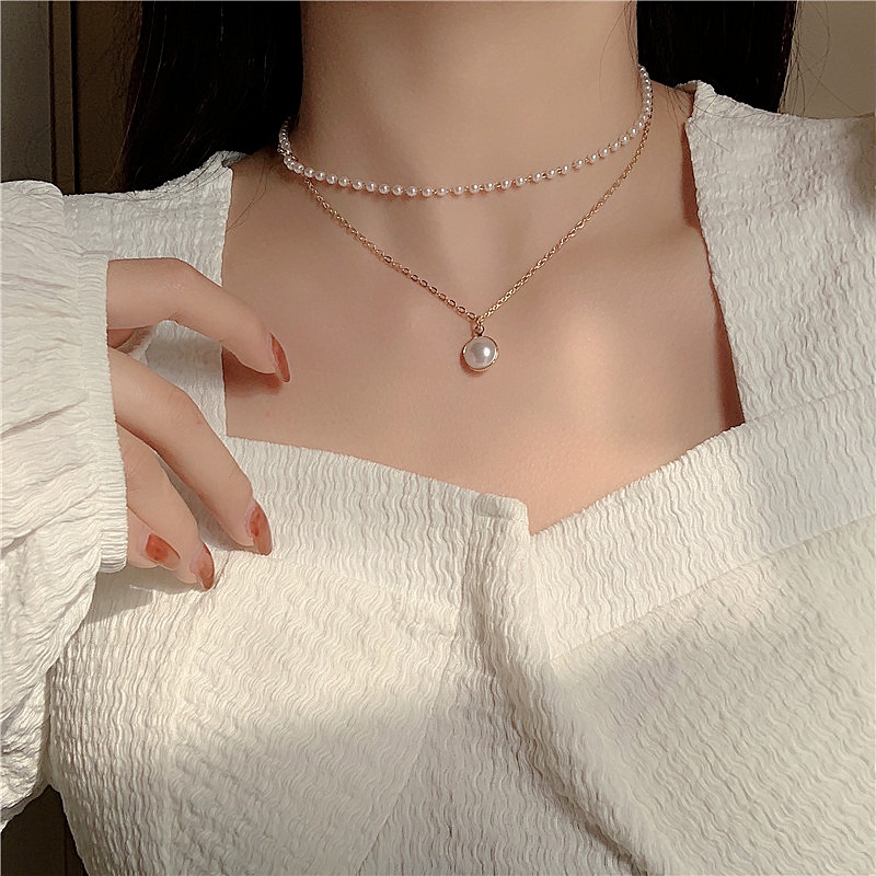 Kalung Mutiara Double Layer Chain Choker Necklace Cute Romantic Women Pearl Pendant Necklaces Girl Jewelry Collar