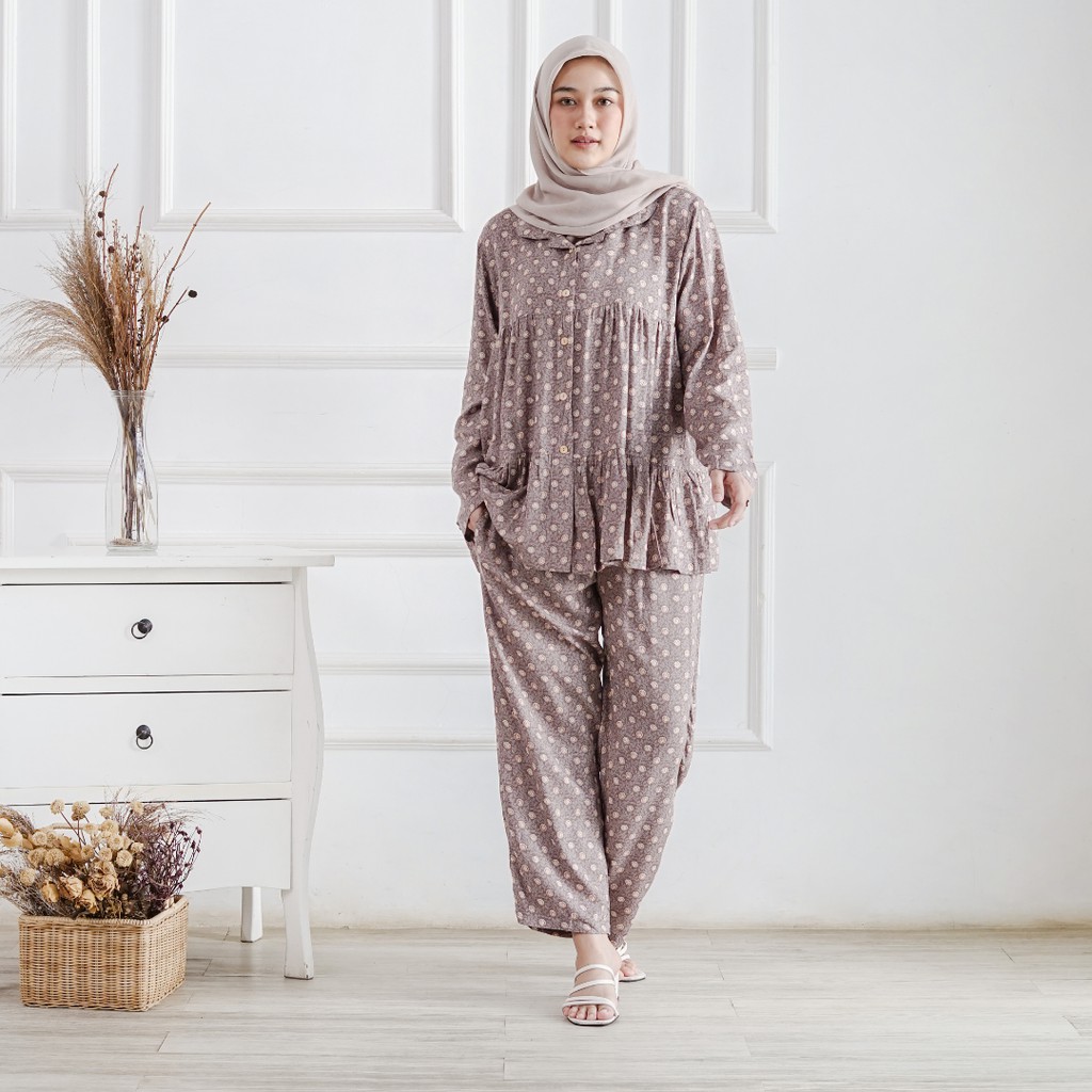 Piyama Salsa Brown  One set Rayon Premium Setelan Piyama Motif Terbaru