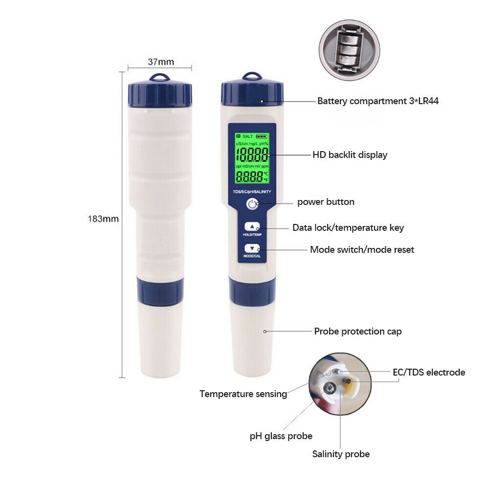 5 In 1 Tds / Ec / Ph / Salinity / Temperatur Meter Digital Untuk Mengukur Kualitas Air