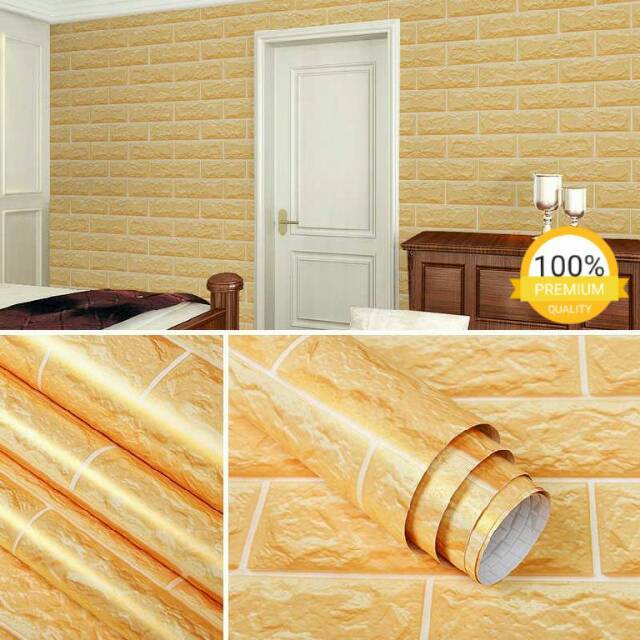 Wallpaper dinding motif batu bata 3D cream