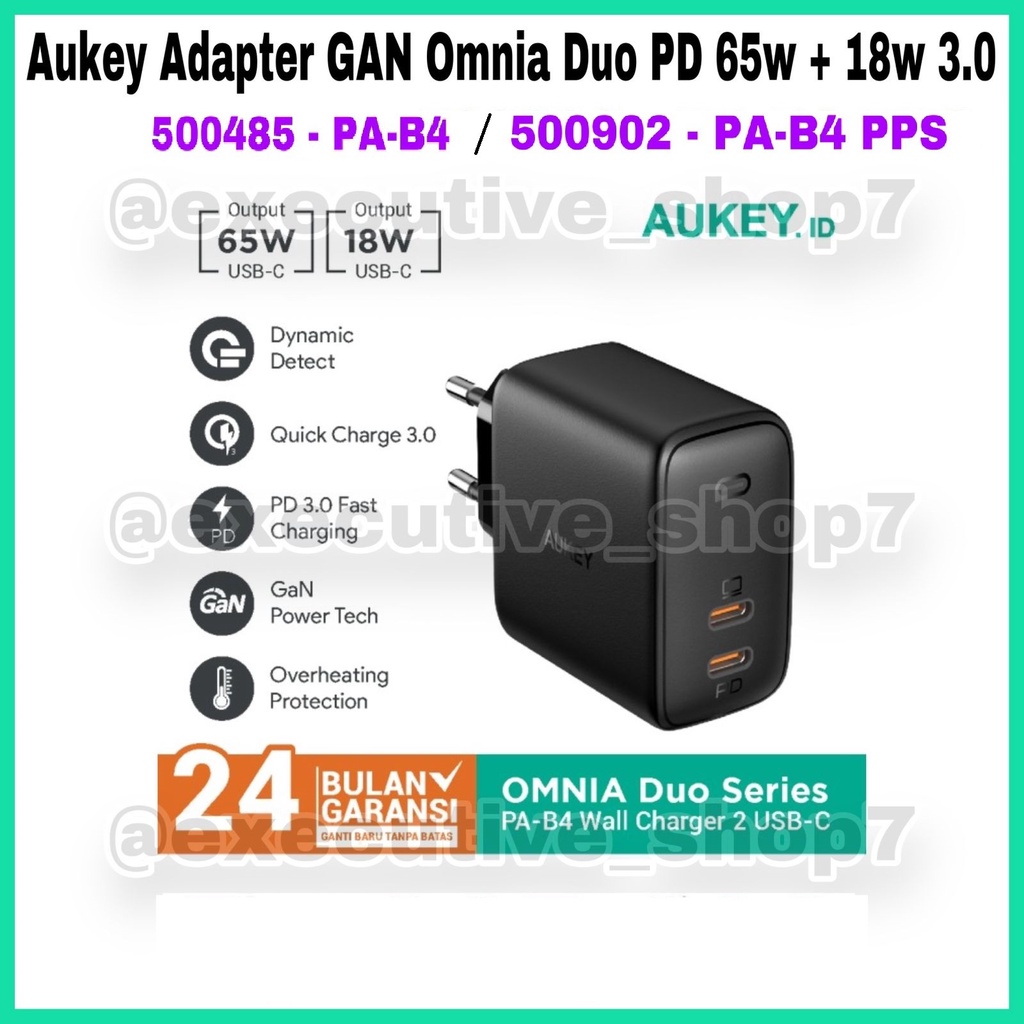 Aukey Adapter GAN Omnia Duo PD 65w + 18w 3A - 500485 / 500902 - PA-B4