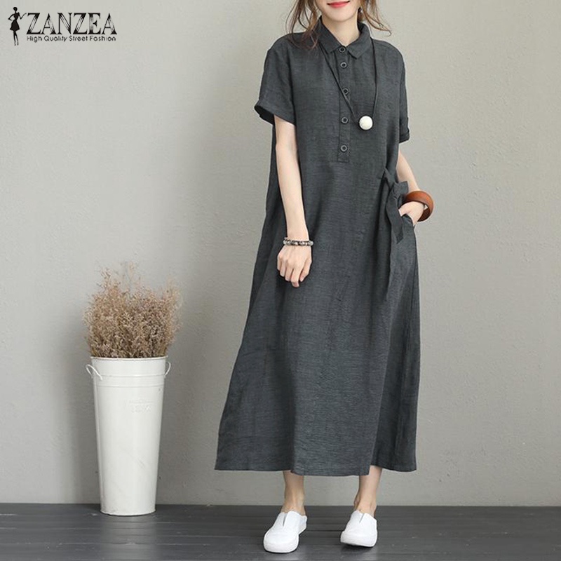 ZANZEA Womens Retro Short Sleeve Buttons Down Baggy Maxi Dress