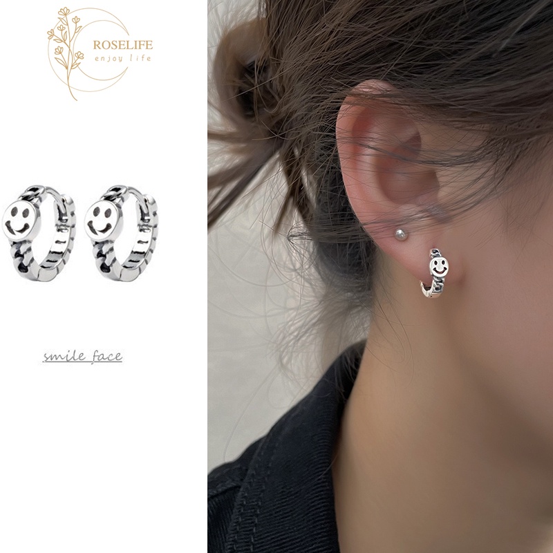 Roselife 1 Pasang Anting Tusuk Gantung Sterling Silver 925 Desain Smiley Face Hollow Untuk Wanita