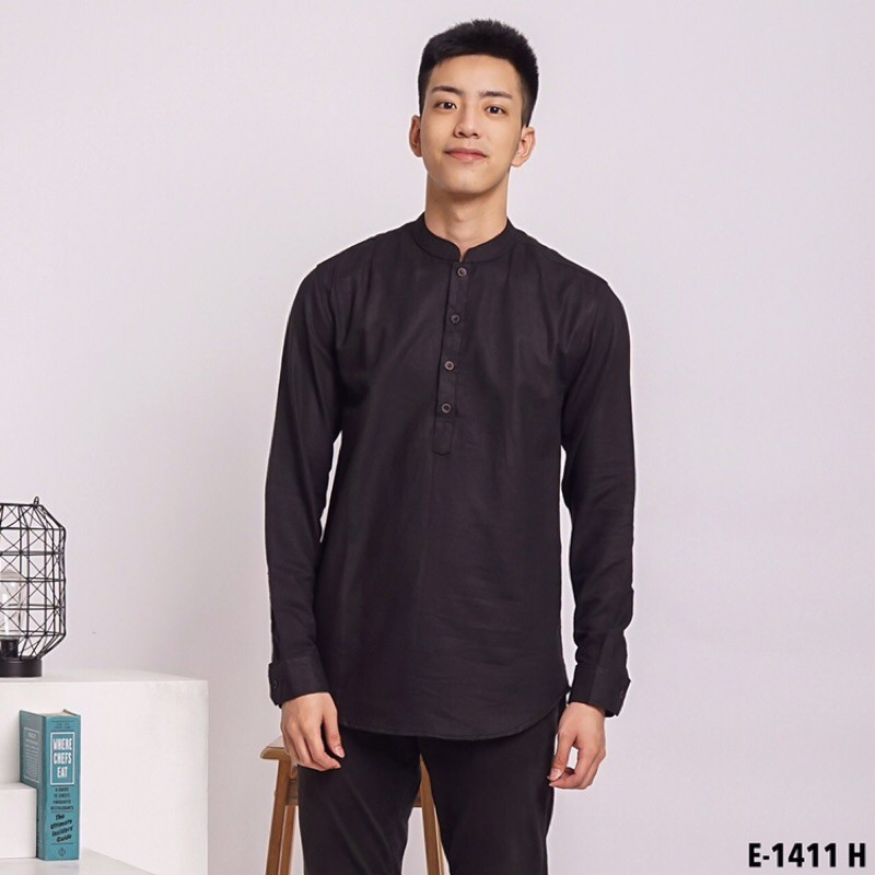 kimshop87 E-1411H kemeja koko shanghai Black pria lengan panjang polo baju muslim koko shanghai slim