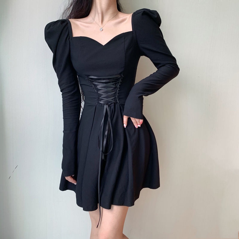 dress korean style french puff sleeve dress square neck waist perban little black dress princess dre