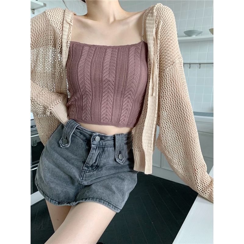 Suhao Murni Desire Hollow Knit Kecil Cardigan Wanita Musim Panas Gaya Korea Tipis Longgar Berkerudun