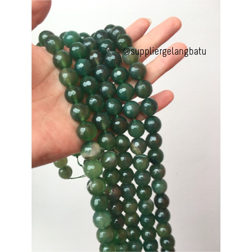 batu giok hijau FACETED 14mm cutting UKIR bahan tasbih rosario tasbeh bahan gelang kalung perkap