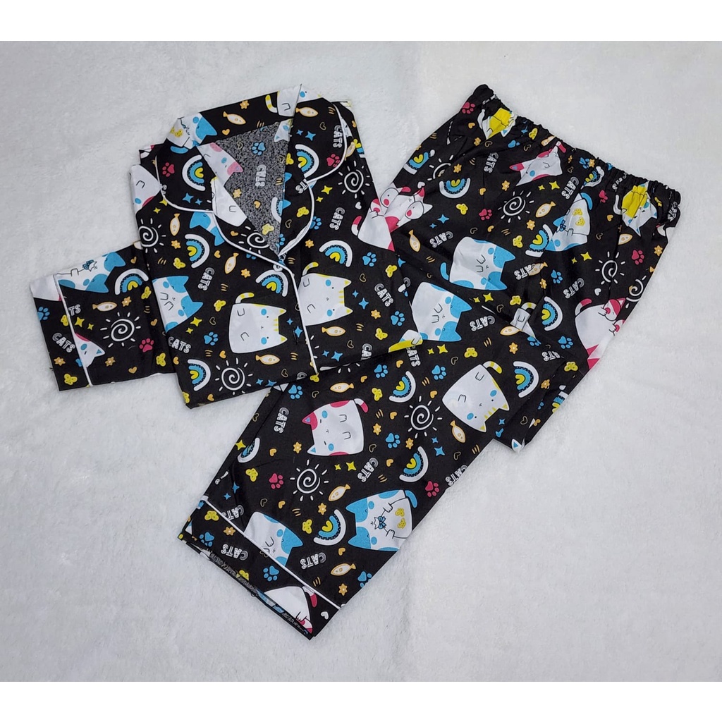 Baju Tidur Dewasa Gambar Lucu LD 104cm / Piyama Katun Lengan Pendek Celana Panjang CP-PP CAT MINI HITAM L