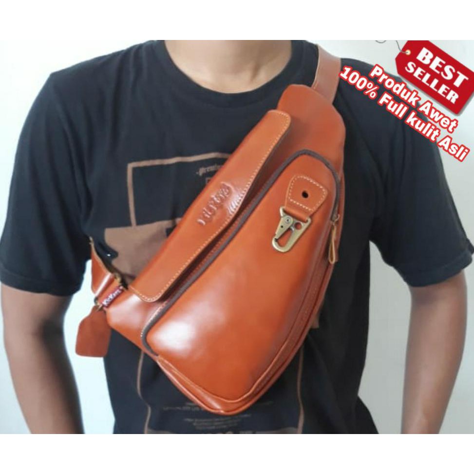 Waist Bag Terbaru Buat Pria Keren Kickers Full Kulit Asli Sapi , Tas Dada Punggung Awet TA01W Tan