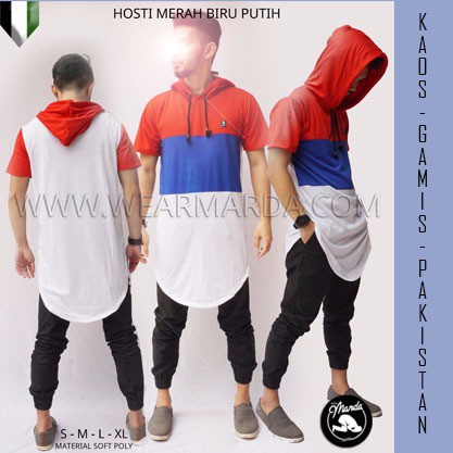 Kurta Hoodie Gamis Pakistan Pria Syari Kombinasi Merah Biru Putih