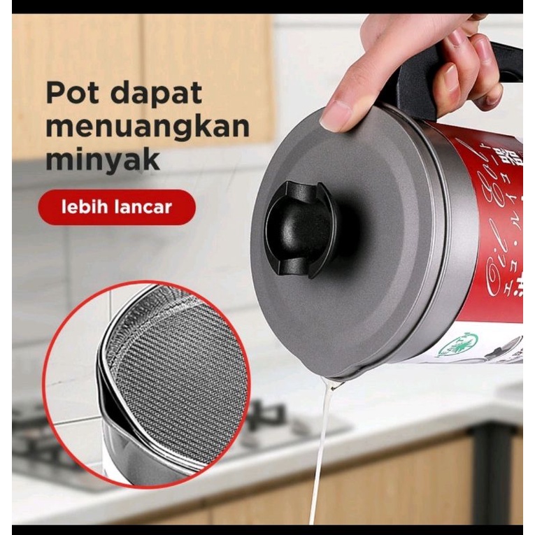 wadah stainless penyaring minyak oil pot 1.4 liter gagang anti panas