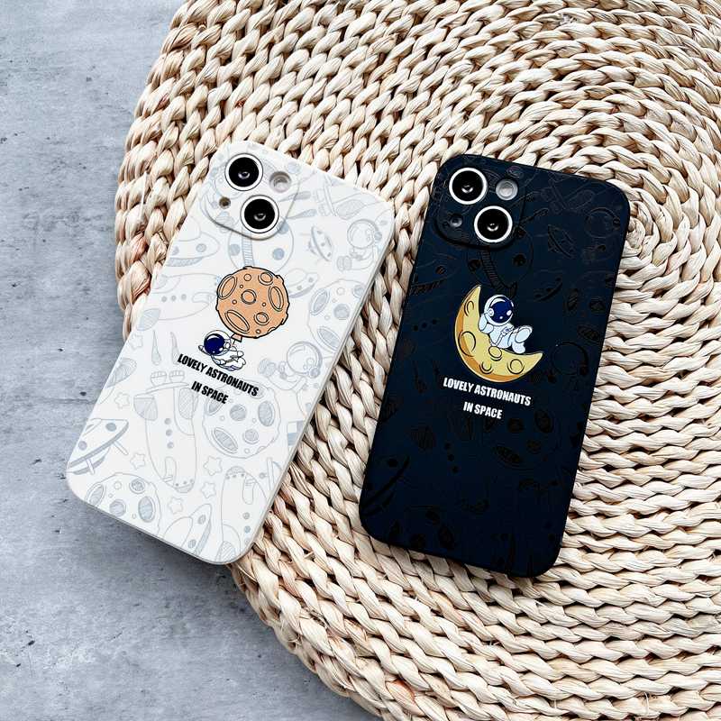 Cute Moon Astronaut Soft Case iP iPhone 6 6S 7 8 + Plus X XR SE 2020 XS Max 11 12 13 Pro Max Side Pattern Casing