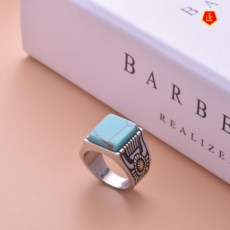 [Ready Stock]Inlaid Square Turquoise Sunflower Ring 18K Gold Color Separation Fashion Personality