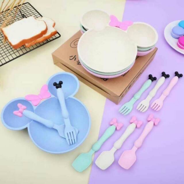 Set Mangkok Mickey Mouse Bahan Jerami / Set Alat Makan Karakter Disney Minnie / Set Makan Mickey