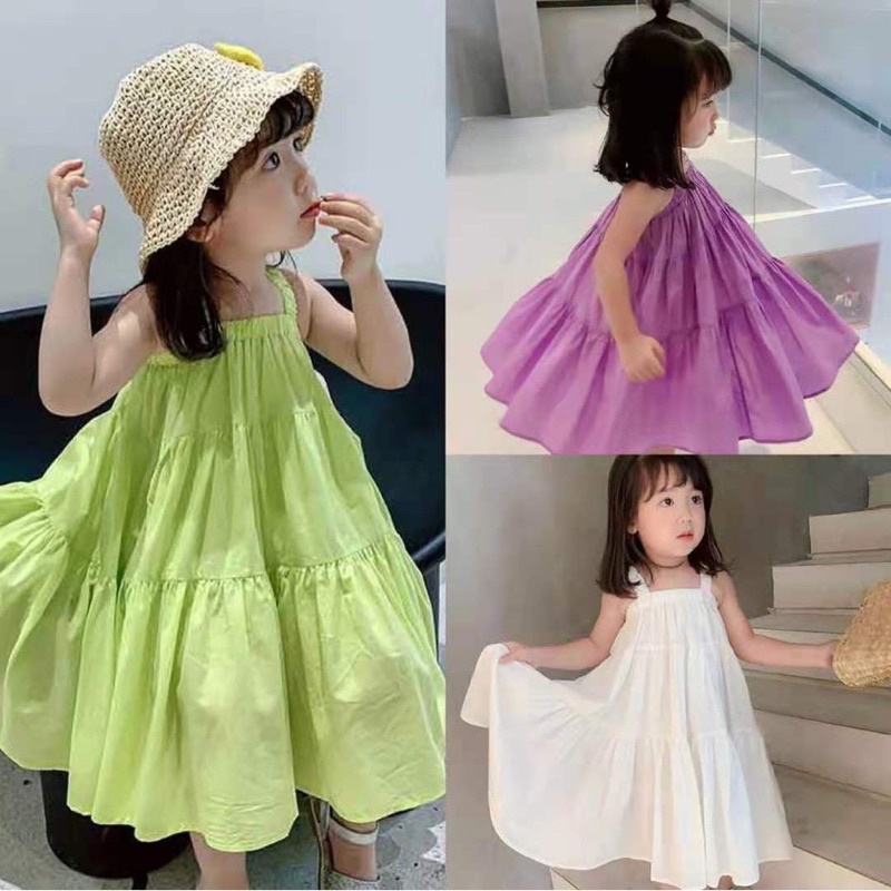 Cotton Flare Dress | Dress Putih Anak Model Korea Anak Perempuan Lengan Buntung Dress Pantai Anak