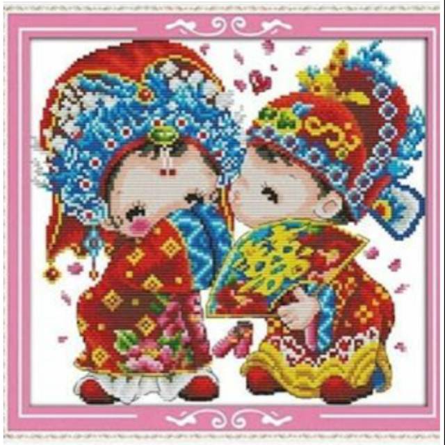 Paket kristik pengantin cina pernikahan china wedding chinese pola kain dmc premium cross stitch 14c