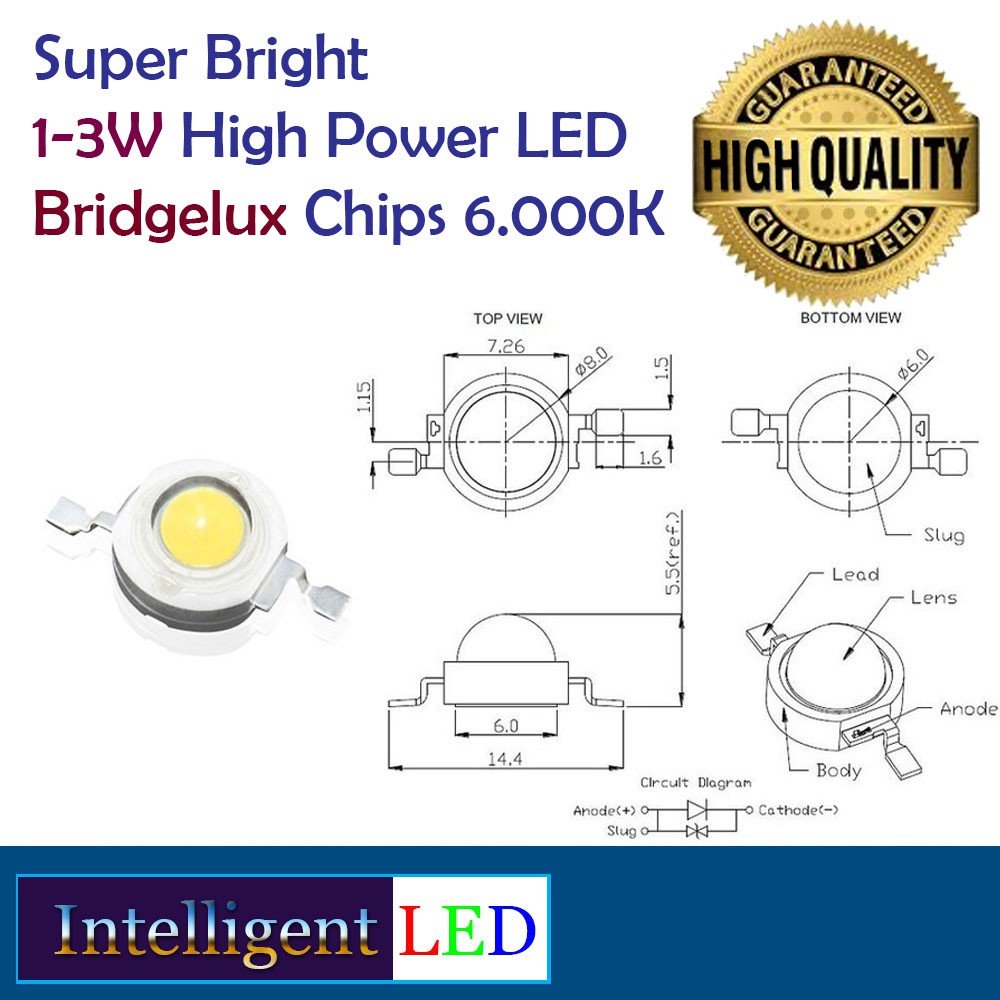 High Power LED 3 Watt 6.000K Bridgelux Chips High Quality