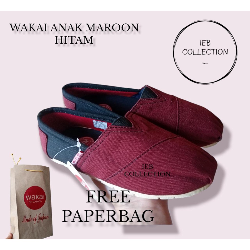 sepatu wakai slip on anak maroon hitam unisex size 25-35