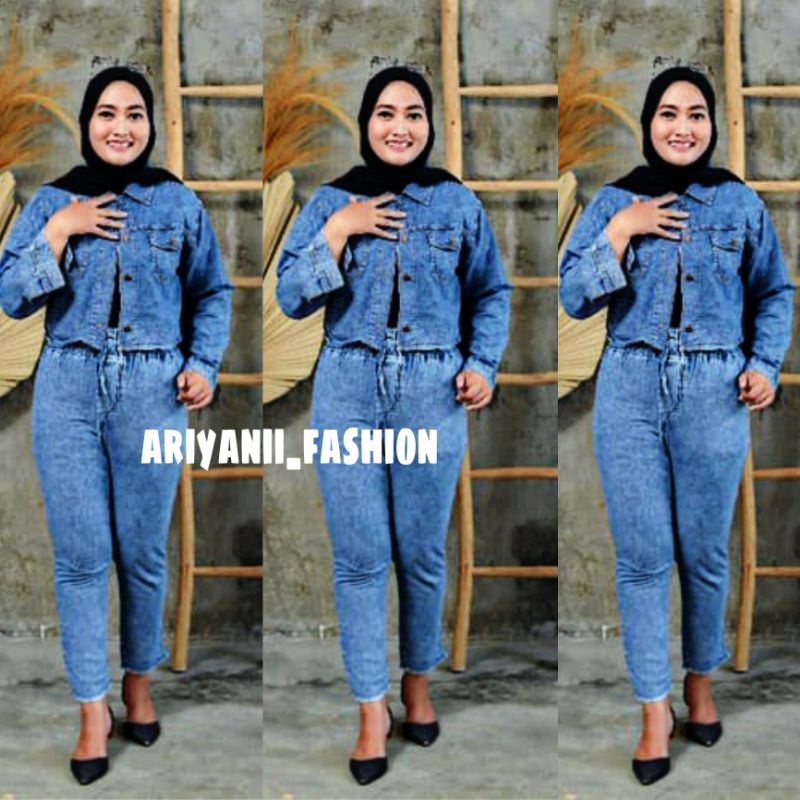 ARN - JAKET WANITA JULIZAR SETELAN CELANA JEANS ONE SET JACKET CROP OUTFIT CASUAL OOTD CEWE ORIGINAL Jins