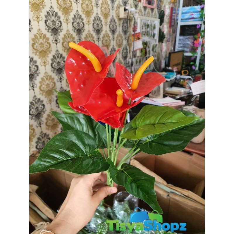 Bunga Anthurium Merah tinggi 34 cm / Bunga Hias Artificial [ tanpa pot ]