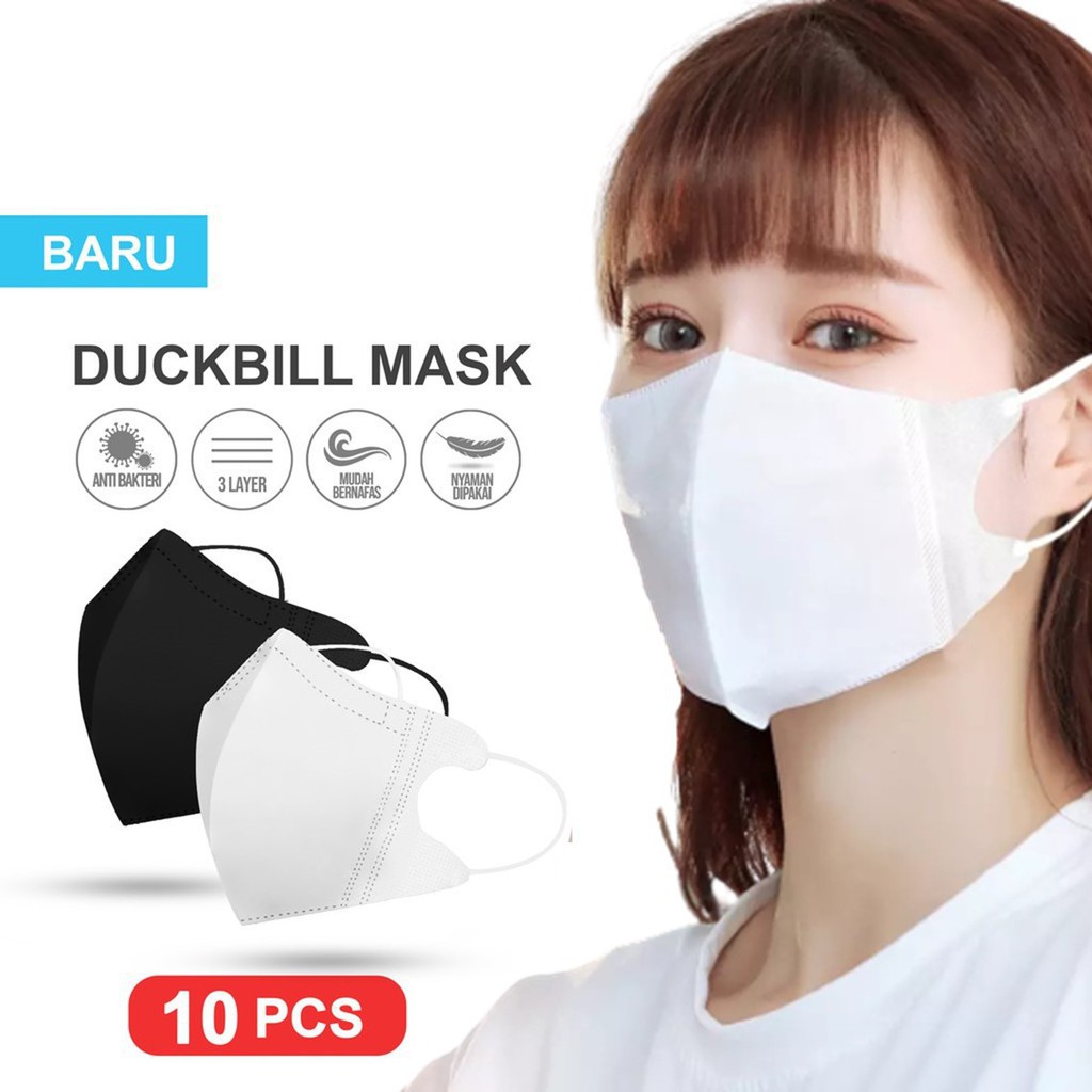 DF VZ039 Masker Duckbill Hitam 3Ply 10Pcs Mask Earloop 3D Putih Protective Mask Duckbill Kemasan Ziplock