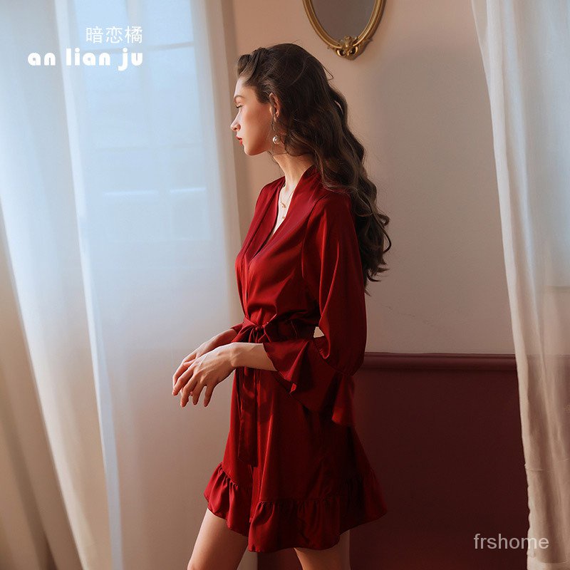 Baju tidur rumah wanita keinginan murni simulasi sutra daun teratai manset kardigan jubah baju tidur