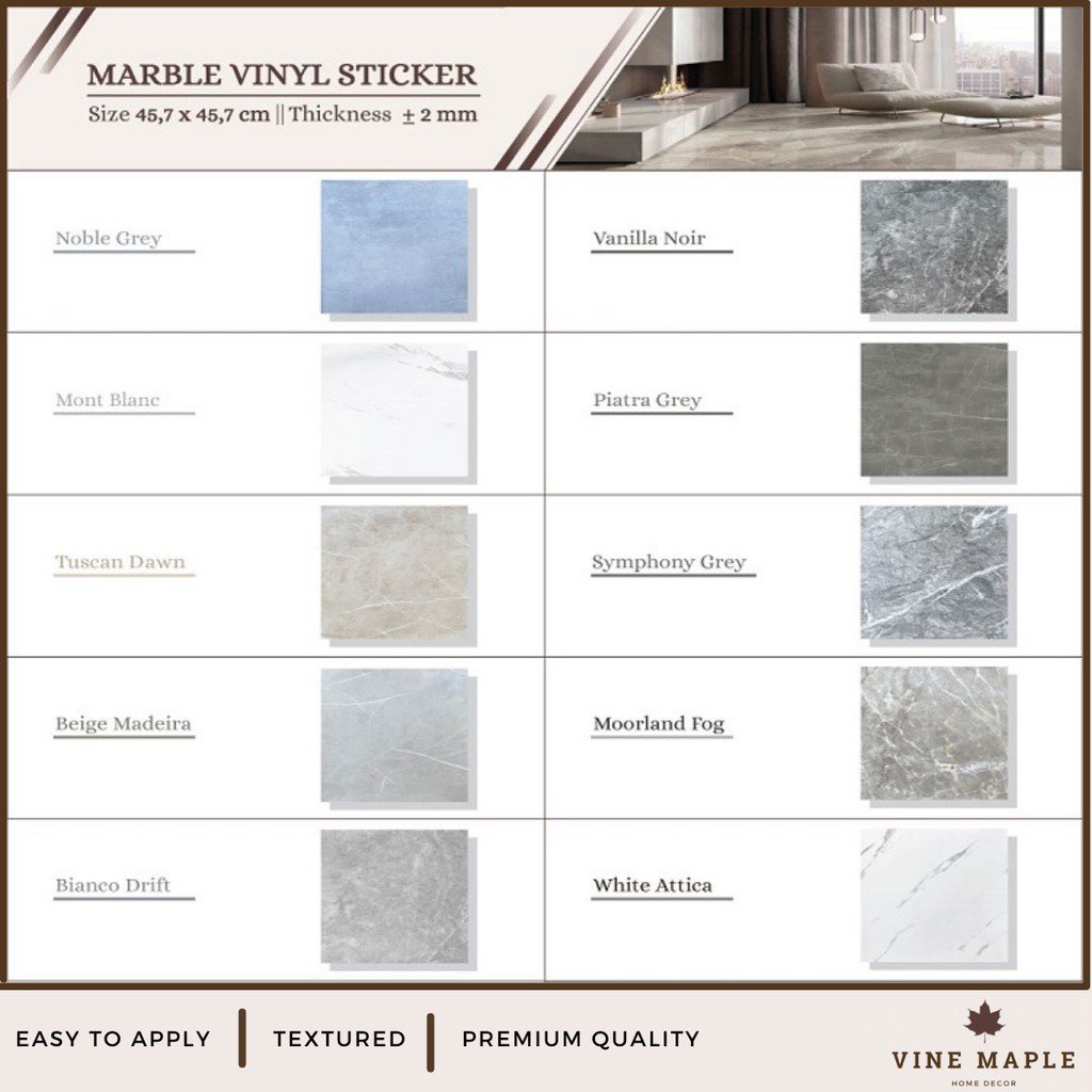 VineMaple Marmer Lantai Vinyl Stiker Dinding / Marble Vinyl Floor Wall Sticker (45x45cm) Tebal ±2mm