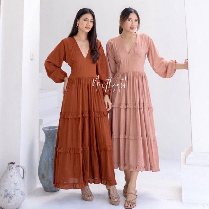 Shenna Maxi Long Basic Dress Low Cut V neck Hijab Friendly Rayon Northeast Bali Party Summer Beach