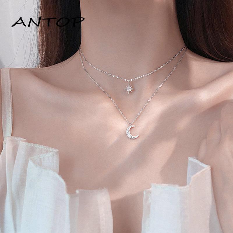 Kalung Rantai Double Layer Bentuk Bulan Bintang Untuk Wanita