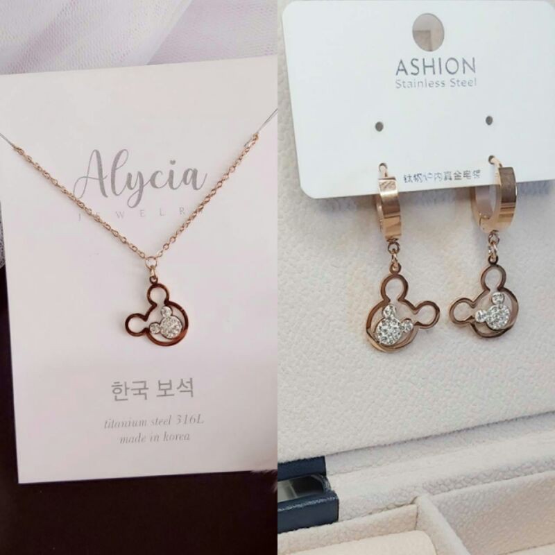 set acc anak anti karat kalung dan anting mickey titanium