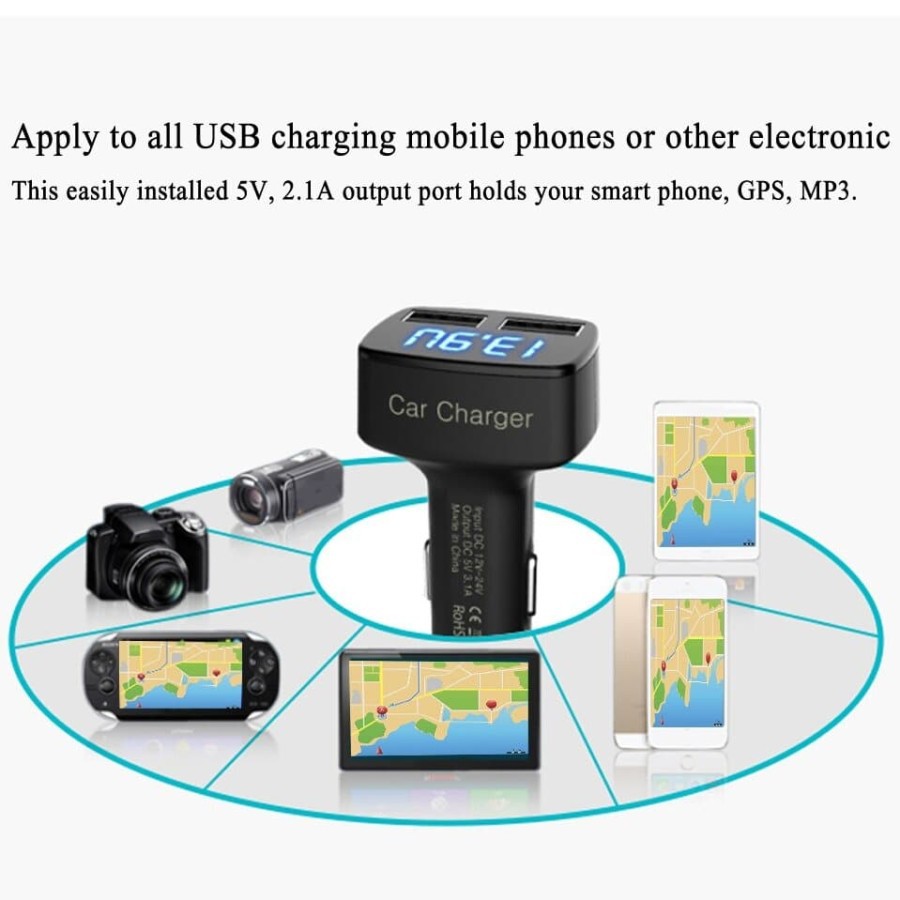 Charger Mobil 4 In 1 USB Voltmeter, Ampere Meter, Temperature Suhu Car Charger with Dual 3.1A output