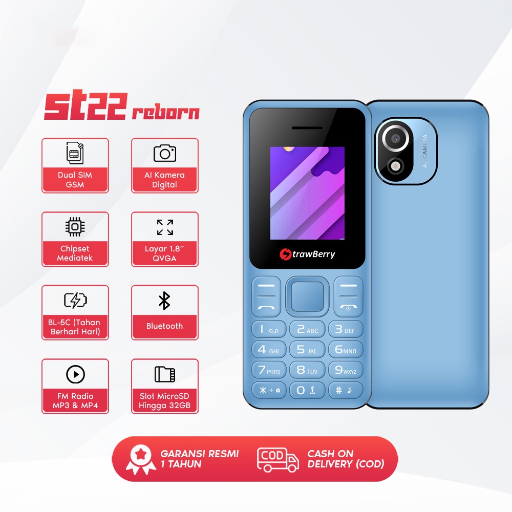 Strawberry ST22 REBORN HP Candybar Murah Handphone Bluetooth Dual SIM Senter Musik Kamera-1