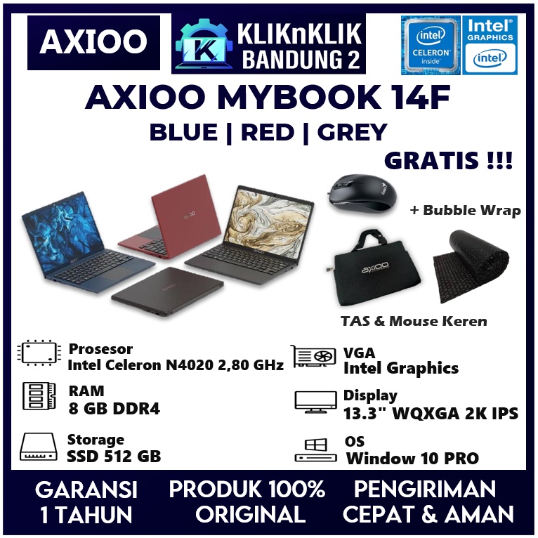 Laptop Sekolah Axioo mybook 14f ram 8 Gb ssd 512 gb garansi resmi