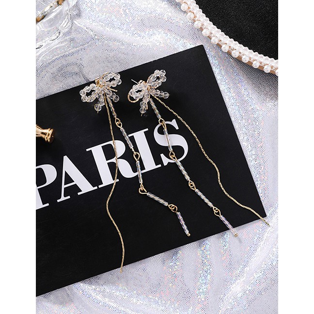 LRC Anting Tusuk Fashion Gold 925 Silver Needle Bow Chain Tassel Earrings F88954