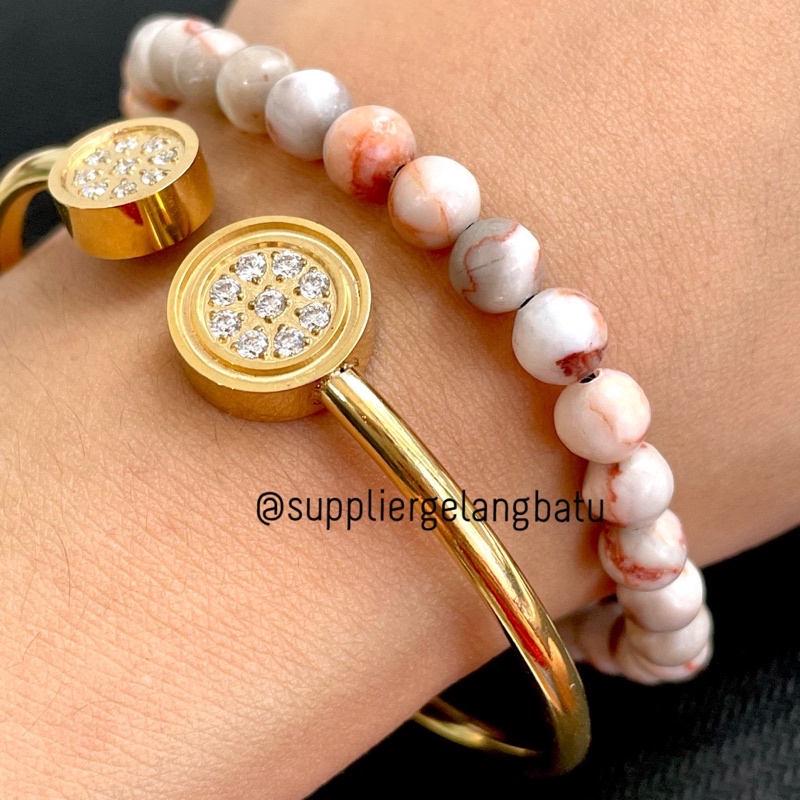 GELANG BATU WHITE BROWN JASPER 6MM VINTAGE PRIA WANITA FOSSIL BATU KAYU ASLI AKIK TERMASUK KOTAK KADO