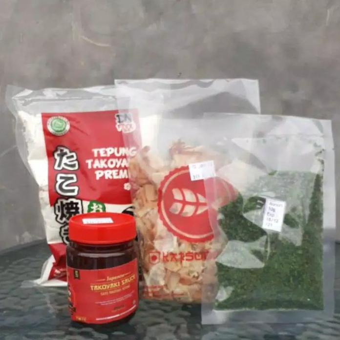 

paket takoyaki komplit ( tepung,saos,katsubusi dan aonori