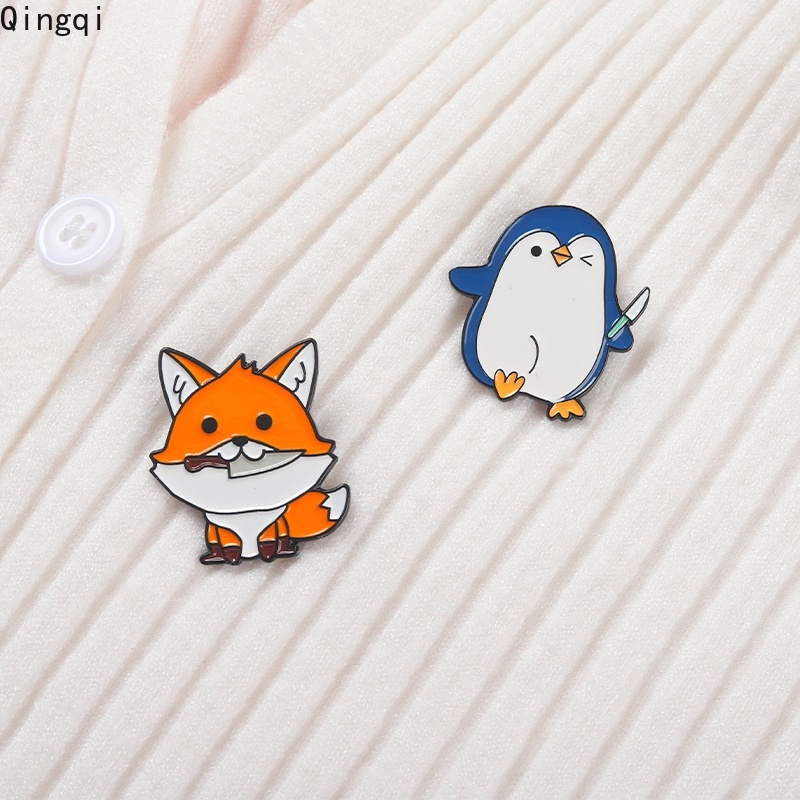 Bros Pin Enamel Desain Kartun Hewan Kelinci Penguin Katak Rubah Untuk Hadiah Anak