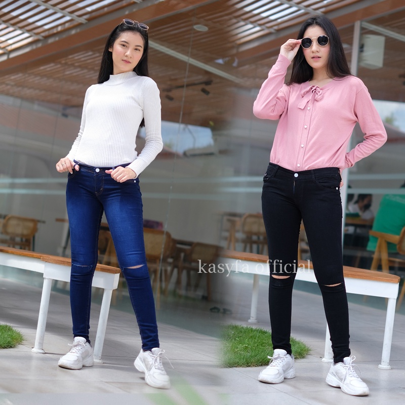 CELANA JEANS RIPPED //JEANS PENSIL SKINNY SOBEK SILET // CELANA JEANS ROBEK LUTUT