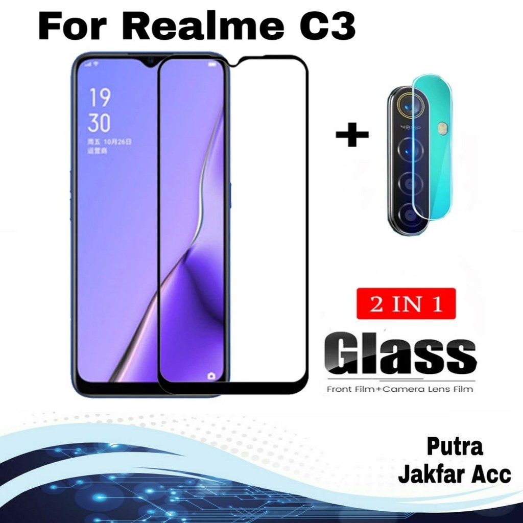 TEMPERED GLASS FULL LAYAR REALME C3 + TG ANTI GORES LENSA