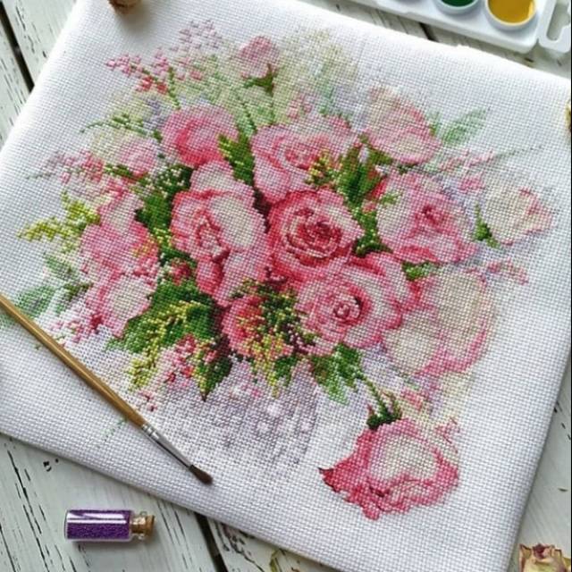 DIY Paket kristik bunga mawar pink roses flower cross stitch 14ct embroidery sulaman kerajinan tanga