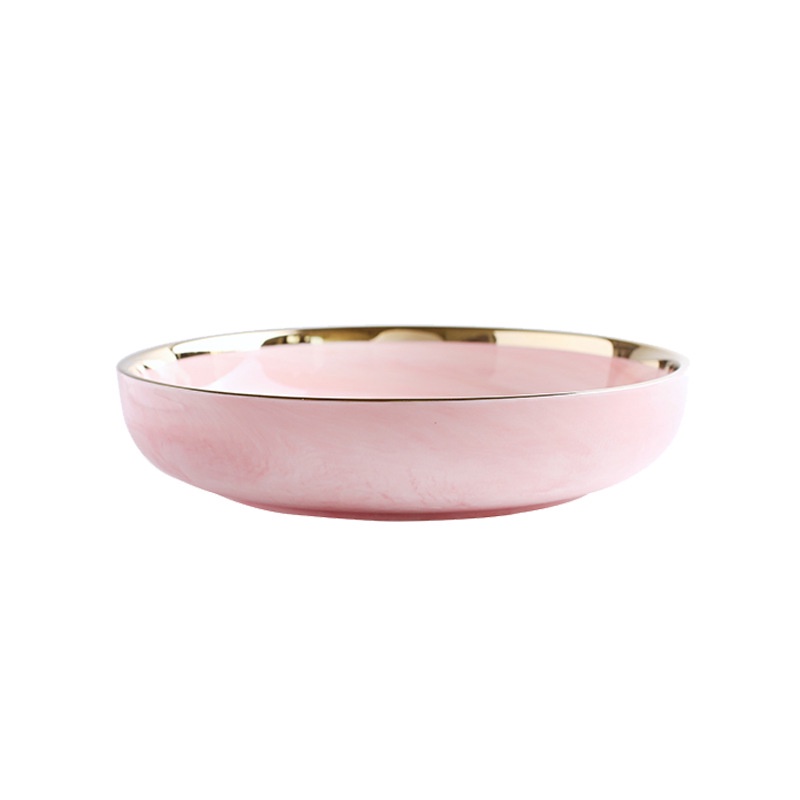 PIRING PINK MARBLE KERAMIK LIST EMAS ELEGAN/ PIRING KERAMIK PINK MOTIF MARMER LIST GOLD ELEGAN MEWAH-8 INCH DEEP PLATE