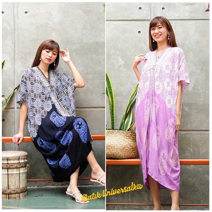 Dijual Kaftan Batik Dress modern. Kaftan midi pendek - Kawung Doll - Biru Berkualitas